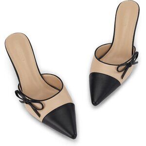 Mules Heels Khaki Faux Leather Closed Pointed Toe Slip On Backless Shoes Pumps